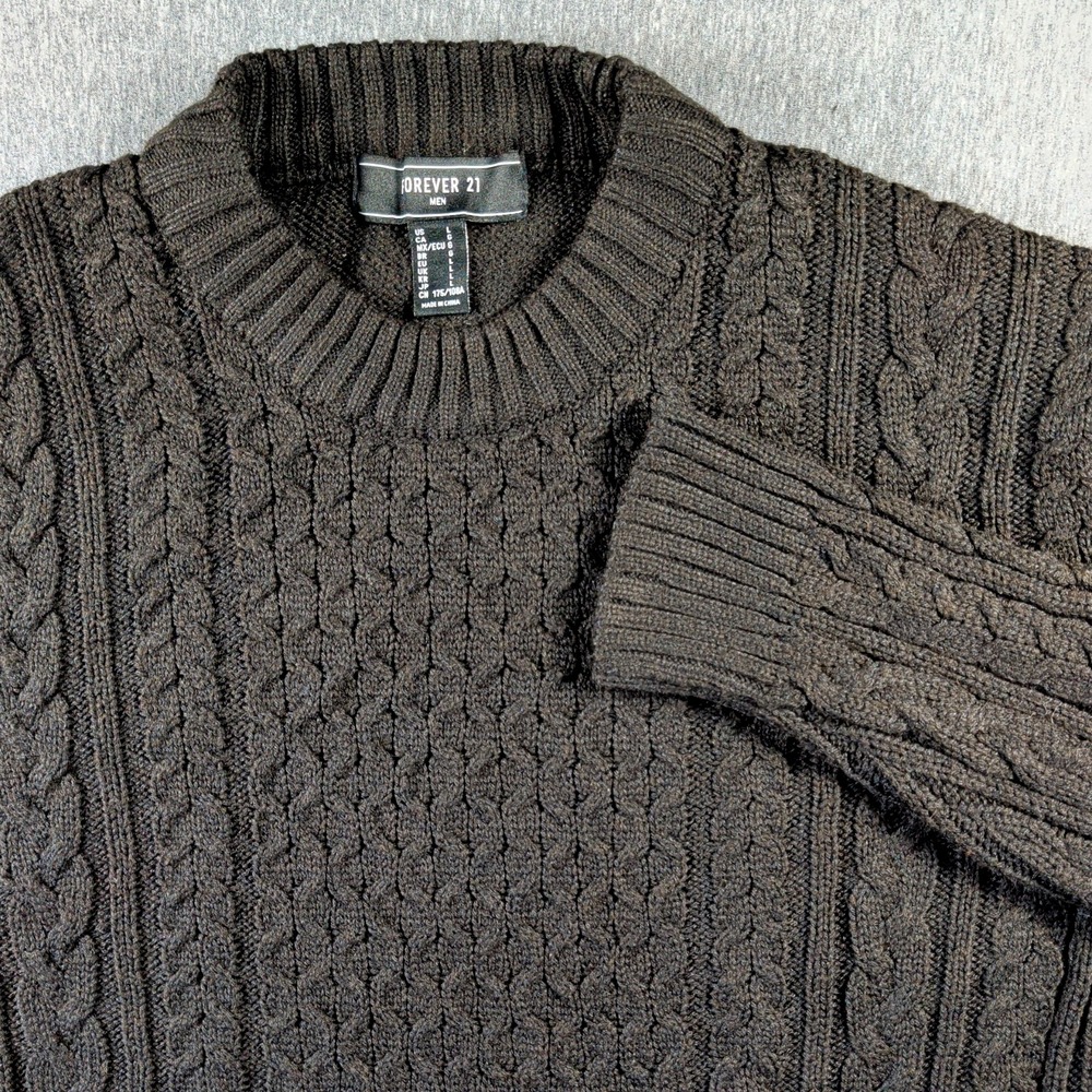 Mens Black Cable Knit Sweater Y2K Sz L Fisherman Chunky Winter Preppy Forever 21